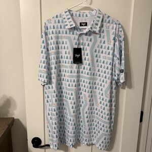 Waggle Golf Polo Men's 2XL White Green Wolf Forest Fairway AOP Performance - NWT